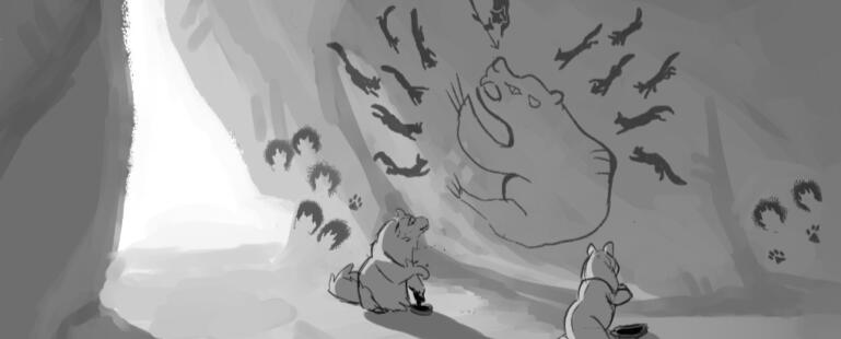 Cats painting a battle between their clan and a bear.